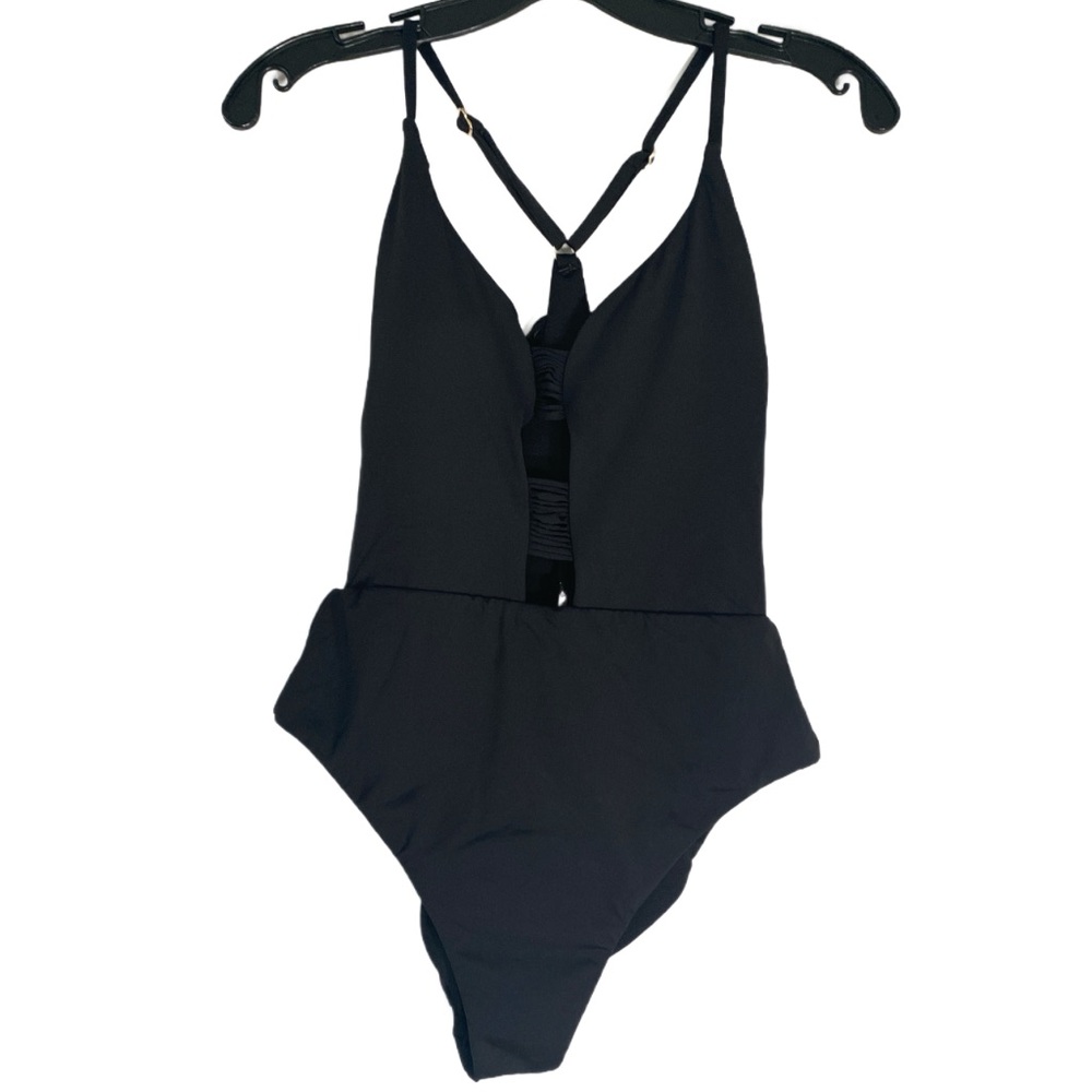 NWOT Ambrielle Swimsuit Black High Cut One Piece Racerback Slits In Front Small